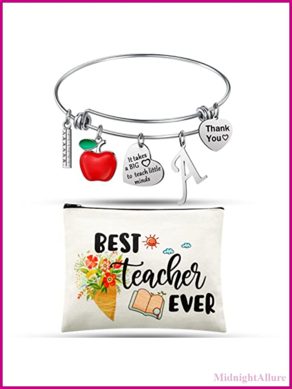 Women's Teacher Gift Set Canvas Makeup Bag & Stainless Steel Initial Bangle